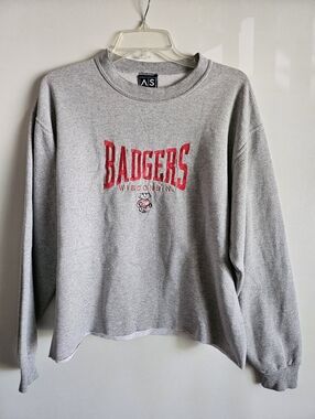 Vintage AS Sports Wisconsin Badgers Shirt Cropped Crew Neck Gray Men's size Med